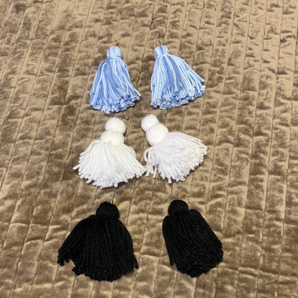 Set of Tassel Earrings in Blue, White, and Black